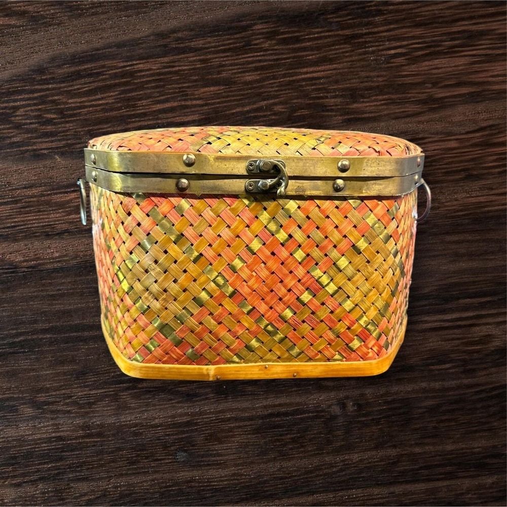 Vintage Woven Weave Metal & Wood Trinket Chest Hinged Keepsake Box Decor 13" L